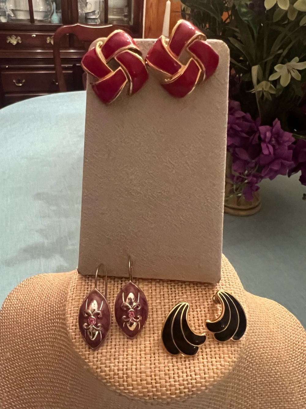 3 pair vintage enamel earrings red, black purple